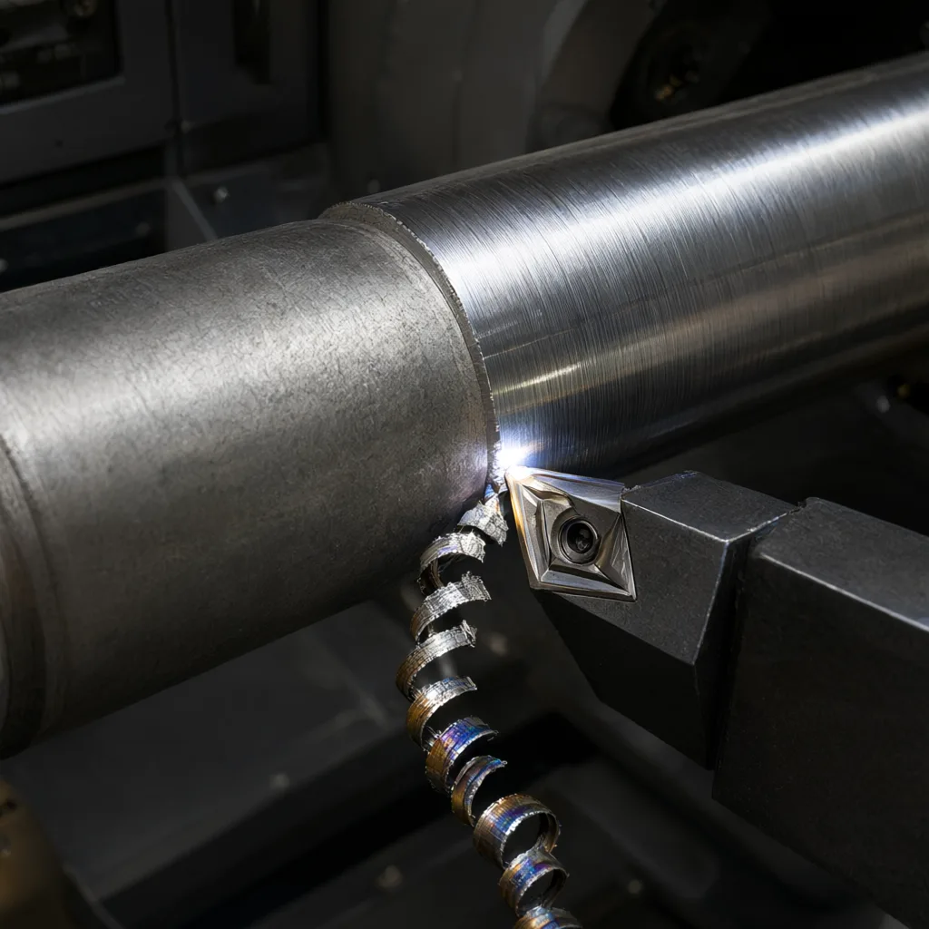 CNC lathe turning a stainless steel shaft with spiral chip