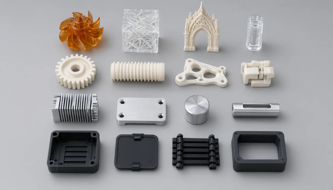 Mixed rapid prototyping parts: resin, nylon, machined aluminum and injection molded samples